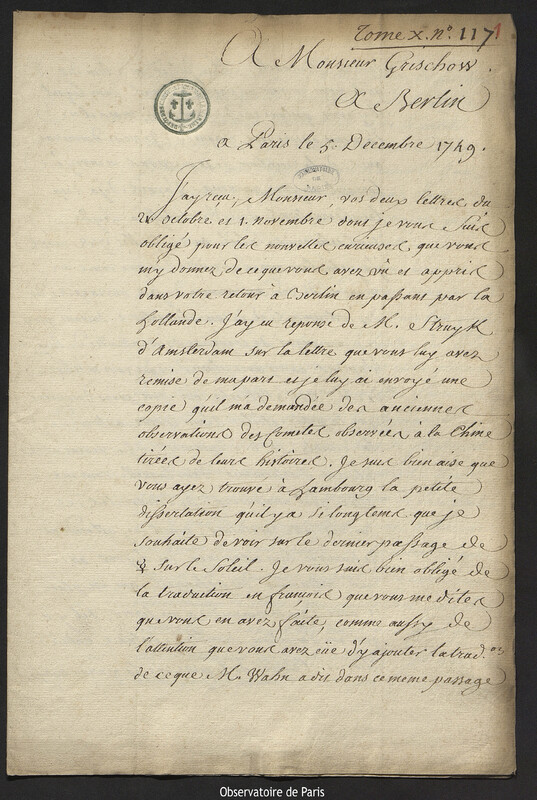 Lettre de Pehr Wilhelm Wargentin à Joseph-Nicolas Delisle, Stockholm, 28 novembre 1749