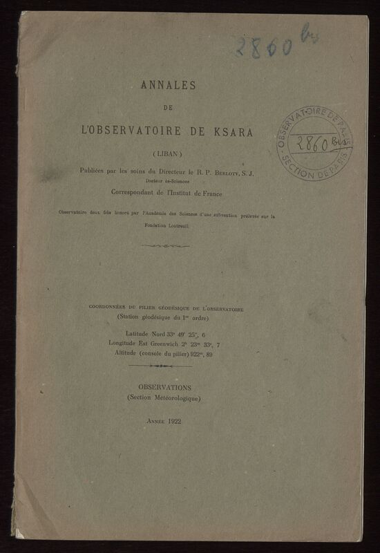 (1922) Annales de l'Observatoire de Ksara (Liban). Observations (Section Météorologique)