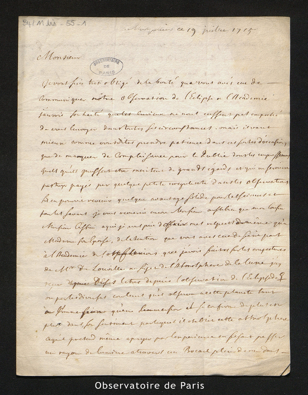 Lettre de Plantade à Maraldi, Montpellier le 19 juillet 1715