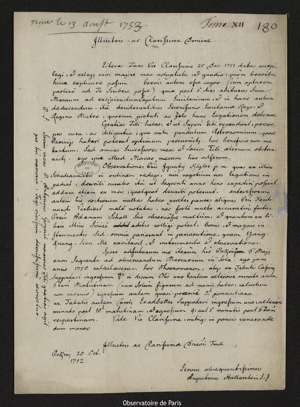 Lettre de Augustin Hallerstein à Joseph-Nicolas Delisle, Pékin, 20 octobre 1752