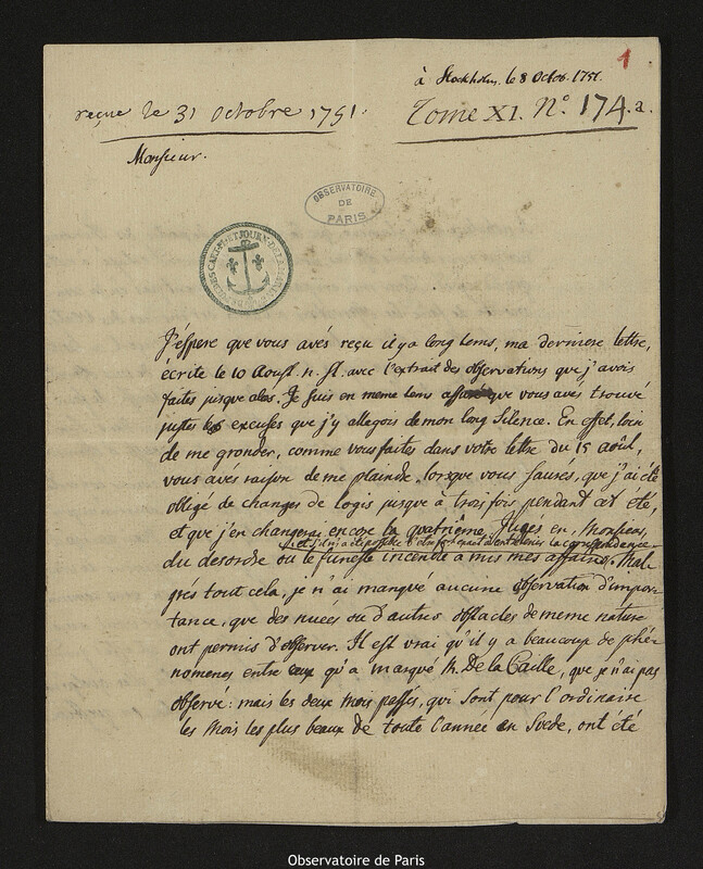 Lettre de Pehr Wilhelm Wargentin à Joseph-Nicolas Delisle, Stockholm, 8 octobre 1751