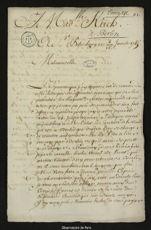 Lettre de Joseph-Nicolas Delisle à Christine Kirch, Saint-Pétersbourg,16 janvier 1745