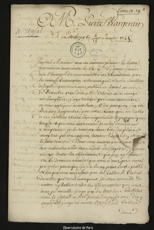 Lettre de Joseph-Nicolas Delisle à Pehr Wilhelm Wargentin, Saint-Pétersbourg, 15 janvier 1745