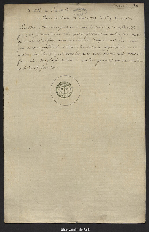 Lettre de Joseph-Nicolas Delisle à Jacques Philippe Maraldi, Paris, 23 août 1714