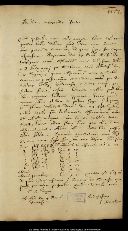 Lettre de Jan Heweliusz à Hieronim Pinocci, Gdansk, 4 novembre 1666