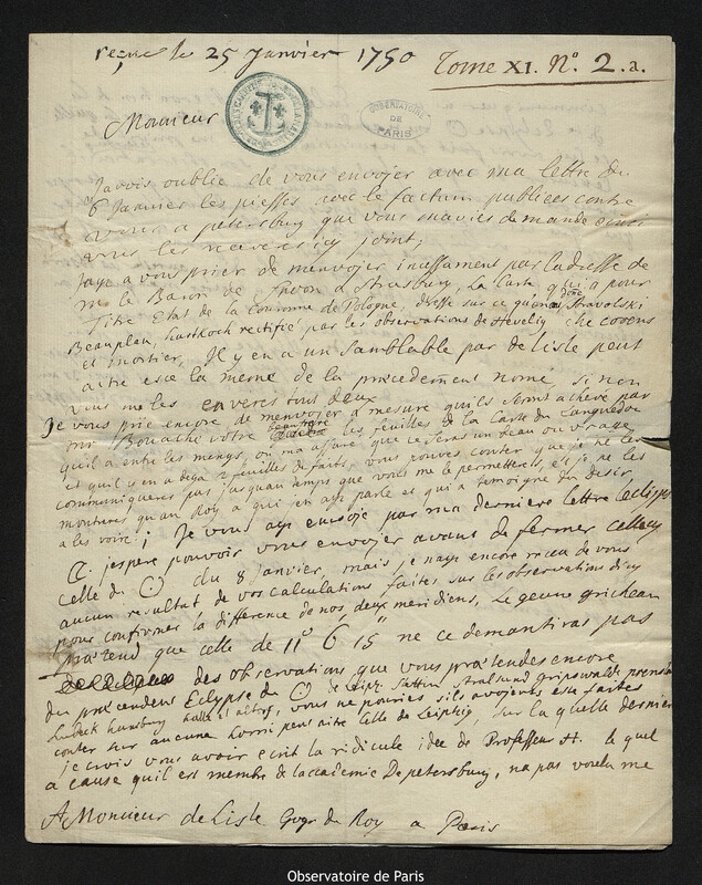 Lettre de comte Samuel de Schmettau à Joseph-Nicolas Delisle