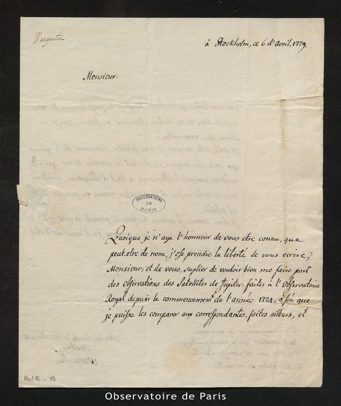 Lettre de Wargentin à Cassini IV, Stockholm le 6 avril 1779