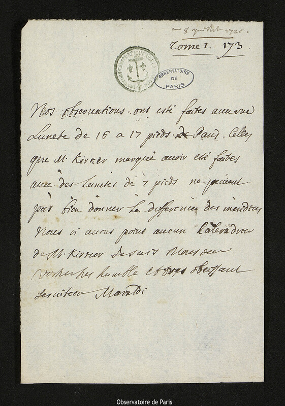 Lettre de Jacques Philippe Maraldi à Joseph-Nicolas Delisle, 8 juillet 1720