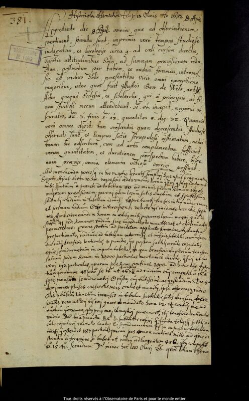 Texte manuscrit d'Elias Crätschmair, 8 avril 1652