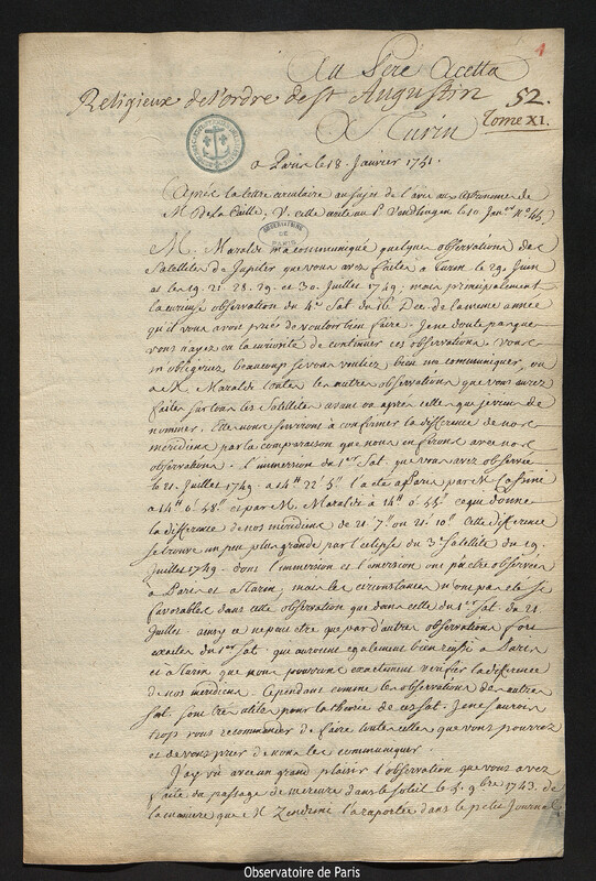 Lettre de Joseph-Nicolas Delisle à Giulio Accetta, Paris, 18 janvier 1751