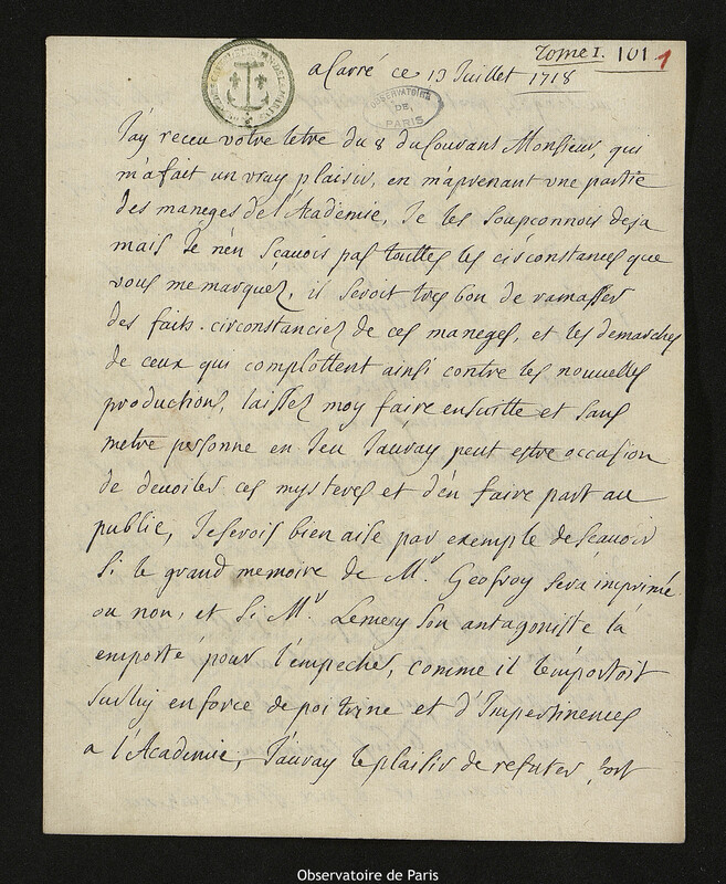 Lettre de Jacques d'Allonville de Louville à Joseph-Nicolas Delisle, Lieu-dit Le Clos du Petit Carré, 13 juillet 1718