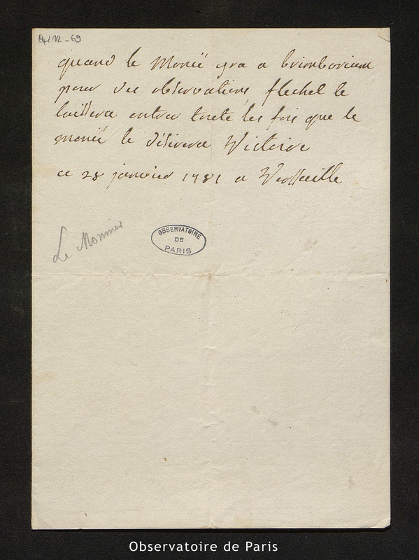 Laissez-passer signé Victoire pour Le Monnier, [Versailles] le 28 janvier 1781