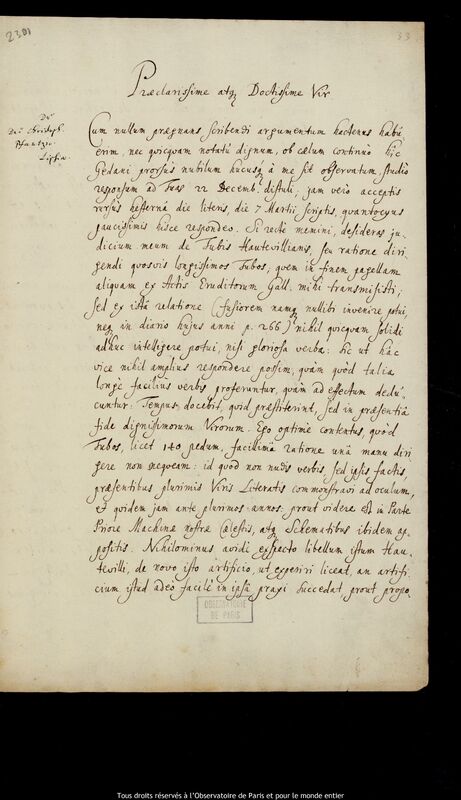 Lettre de Jan Heweliusz à Christoph Pfautz, Gdansk, 29 mars 1684