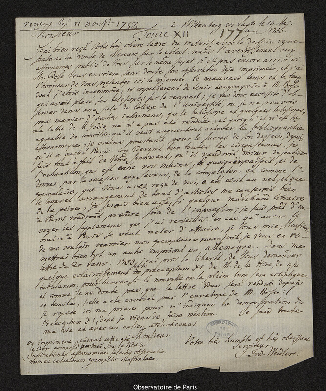 Lettre de Johann Friedrich Weidler à Joseph-Nicolas Delisle, Wittenberg, 19 mai 1753