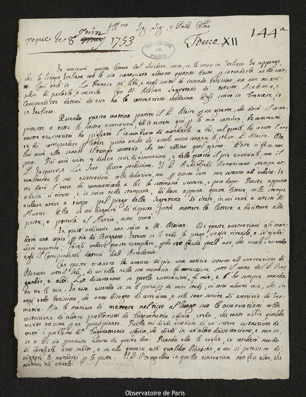 Lettre de Ruggiero Giuseppe Boscovich à Joseph-Nicolas Delisle, Rome, 13 mai 1753