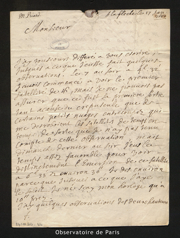 Lettre de Picard à Cassini I, La Flèche le 17 janvier 1680