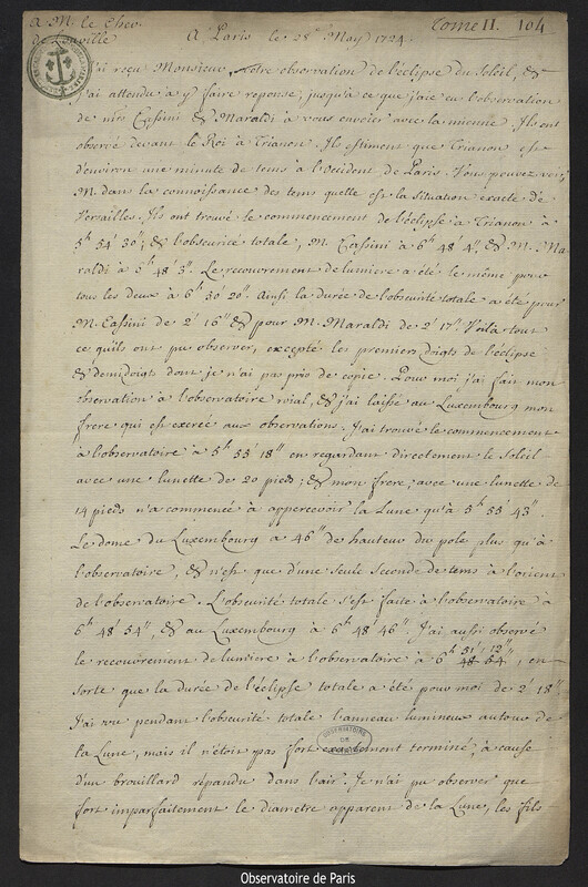 Lettre de Joseph-Nicolas Delisle à Jacques d'Allonville de Louville, Paris, 28 mai 1724