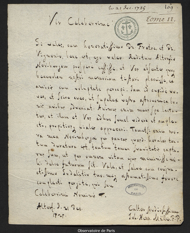 Lettre de Johann Heinrich Müller à Joseph-Nicolas Delisle, Altdorf, 21 décembre 1725