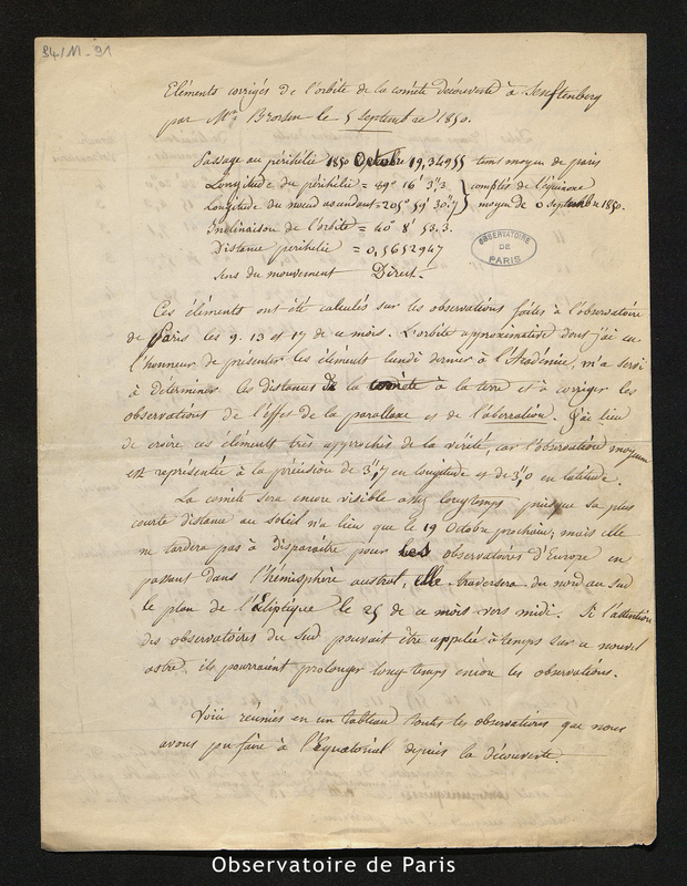 Lettre de Mauvais, Paris le 23 septembre 1850