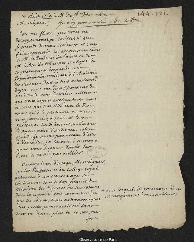 Lettre de Joseph-Nicolas Delisle à Louis Phélypeaux, comte de Saint-Florentin, 8 août 1760