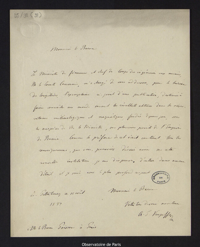 Lettre à Siméon Denis Poisson, à St Pétersbourg le 15 août 1837