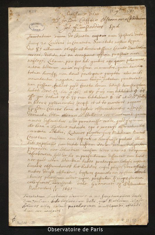 Lettre de Flamsteed à Cassini I, Gronovici le 11 novembre 1681