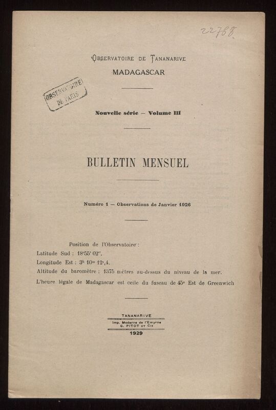 (1926) Bulletin mensuel de l'Observatoire de Tananarive