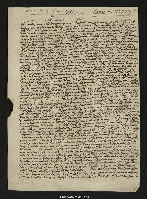 Lettre de Georg Matthias Bose à Joseph-Nicolas Delisle, Wittenberg, 1 mai 1751