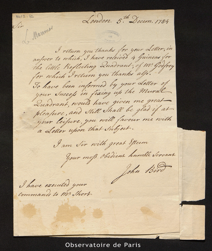 Lettre de John Bird à Le Monnier, Londres le 5 decembre 1754