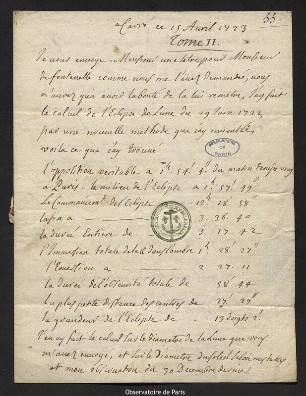 Lettre de Jacques d'Allonville de Louville à Joseph-Nicolas Delisle, Lieu-dit Le Clos du Petit Carré, 15 avril 1723