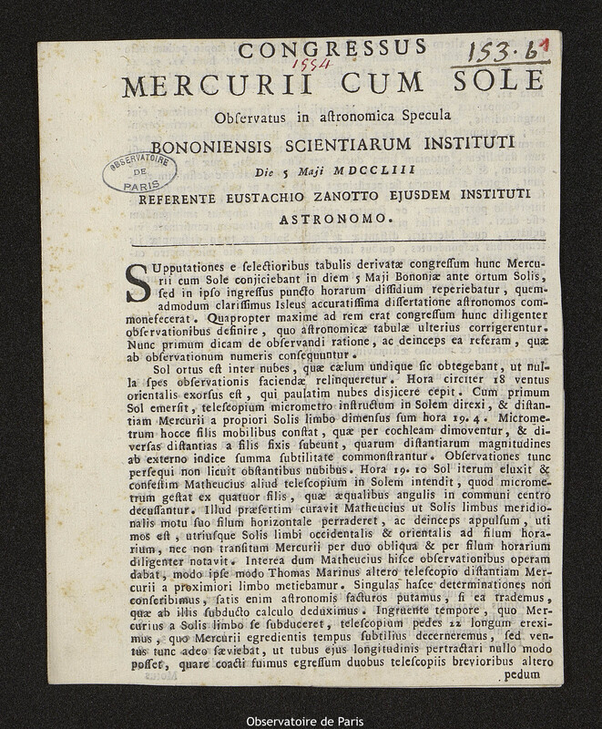 Traduction de la lettre de Eustachio Zanotti à Joseph-Nicolas Delisle