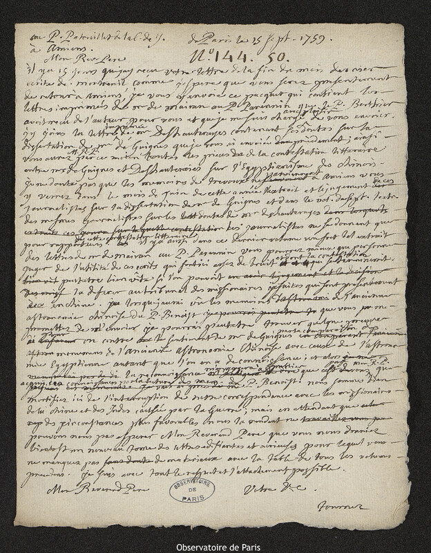 Lettre de Joseph-Nicolas Delisle à Louis Patouillet, Paris, 15 septembre 1759