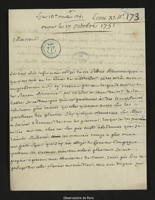 Lettre de Laurent Béraud à Joseph-Nicolas Delisle, Lyon, 13 octobre 1751