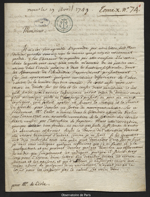 Lettre de Johann Tobias Mayer à Joseph-Nicolas Delisle, Nuremberg, 11 avril 1749