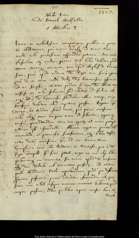 Lettre de Jan Heweliusz à Ismaël Boulliau, Gdansk, 8 novembre 1669