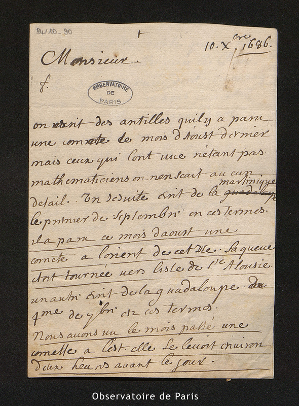 Lettre de Goüye à Cassini I, au Collège le 10 novembre 1686