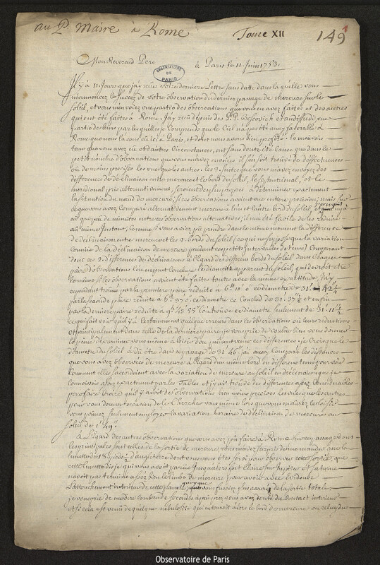 Lettre de Joseph-Nicolas Delisle à Christopher Maire, Paris, 11 juin 1753