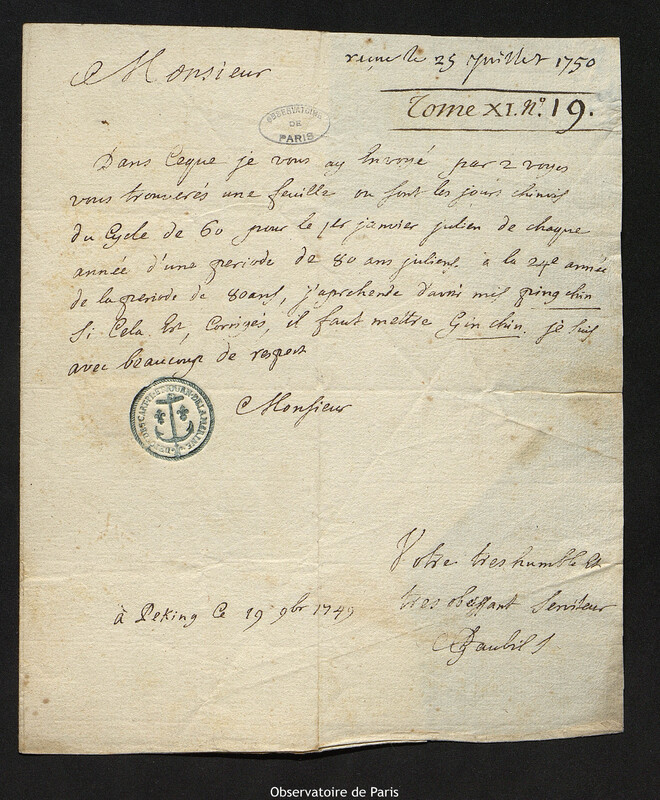 Lettre de Antoine Gaubil à Joseph-Nicolas Delisle, Pékin, 19 novembre 1749