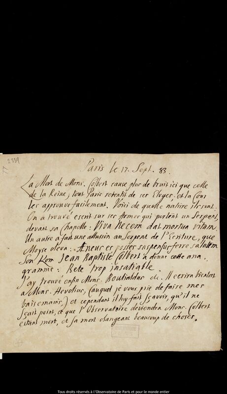 Lettre d’un auteur non identifié à un destinataire non identifié, Paris, 17 septembre 1683