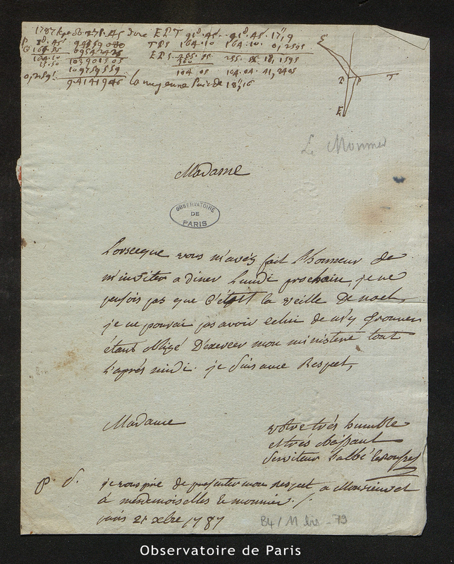 Lettre de Le Roufre ? (abbé) à Mme Le Monnier, Paris le 21 décembre 1787