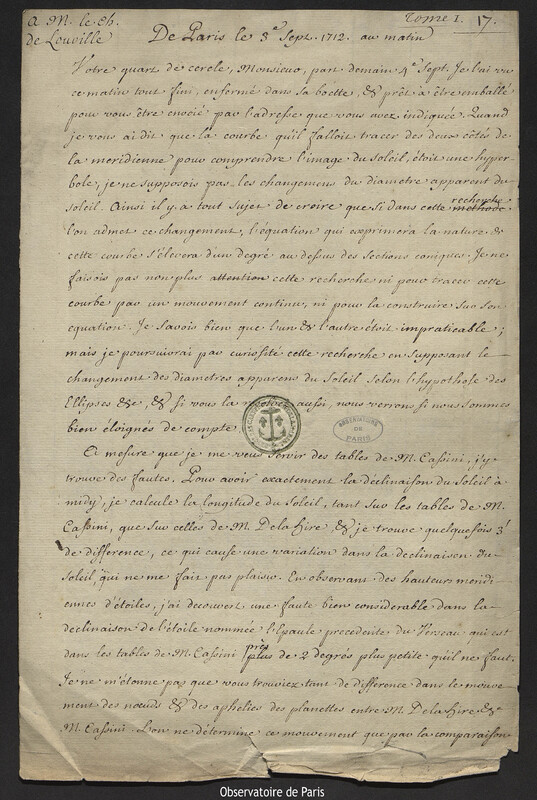 Lettre de Joseph-Nicolas Delisle à Jacques d'Allonville de Louville, Paris, 8 septembre 1712