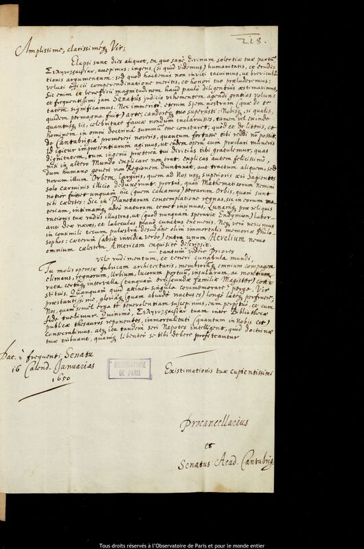 Lettre de l'Université de Cambridge à Jan Heweliusz, Cambridge, 17 décembre 1650