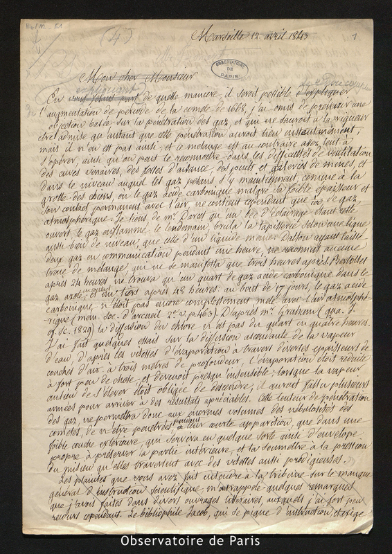 Lettre de Benj. Valz à François Arago, Marseille le 12 avril 1843