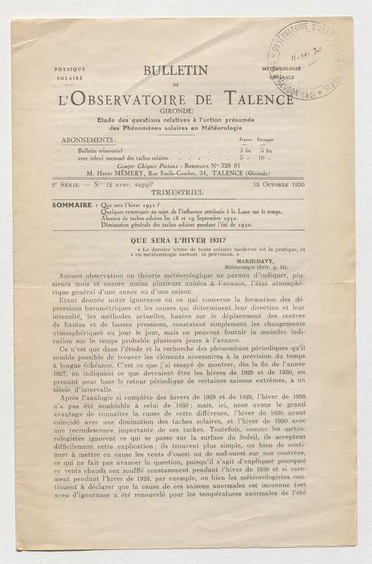 (1930) Bulletin de l'Observatoire de Talence, 2e série