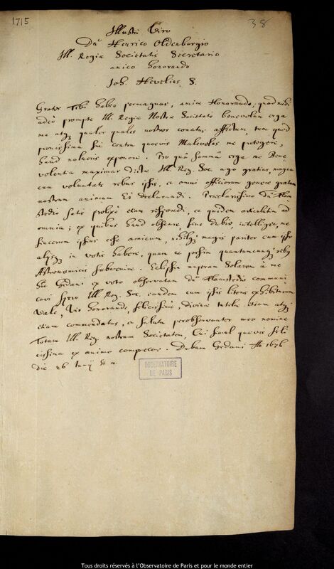 Lettre de Jan Heweliusz à Henry Oldenburg, Gdansk, 26 juin 1676