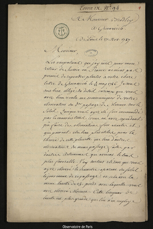 Lettre de Joseph-Nicolas Delisle à James Bradley, Paris, 27 novembre 1747