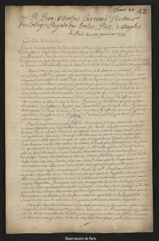 Lettre de Joseph-Nicolas Delisle à Nicola Maria Carcani, Paris, 22 janvier 1753