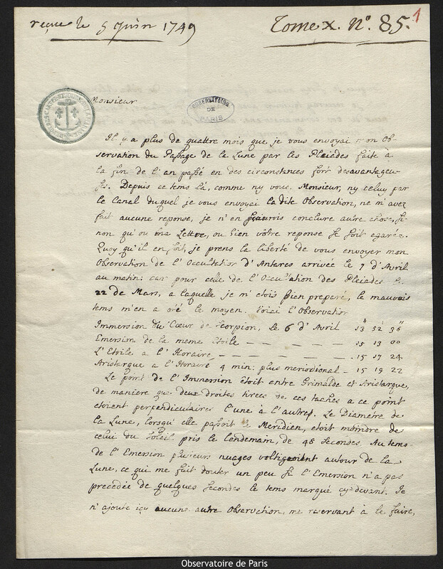 Lettre de Christopher Maire à Joseph-Nicolas Delisle, Rome, 14 mai 1749