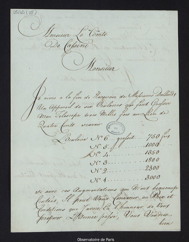 Lettre de Monsieur H. Sykes, opticien du roi, à Cassini IV, directeur de l'Observatoire, le 13 août 1784