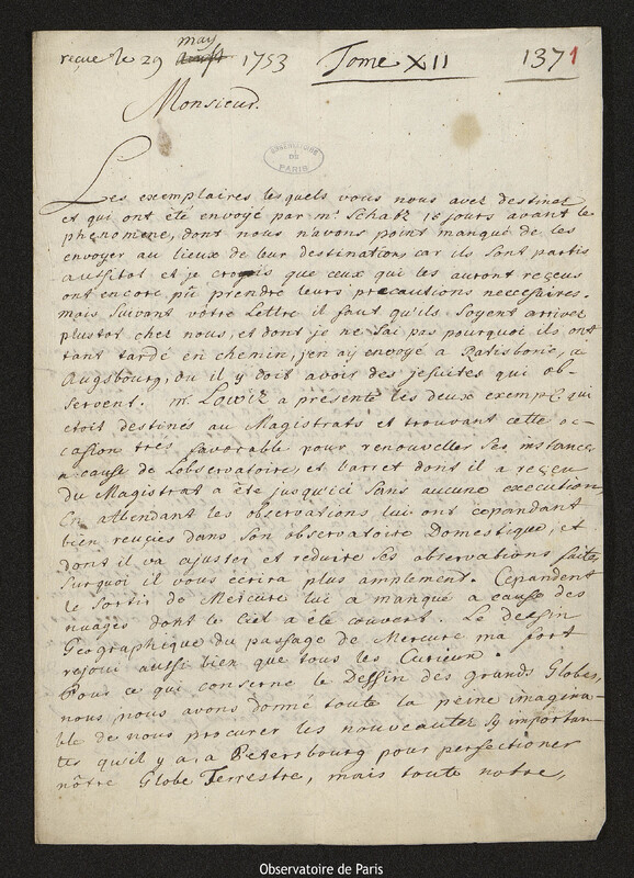 Lettre de Johann Michael Franz à Joseph-Nicolas Delisle, Nuremberg, 22 mai 1753